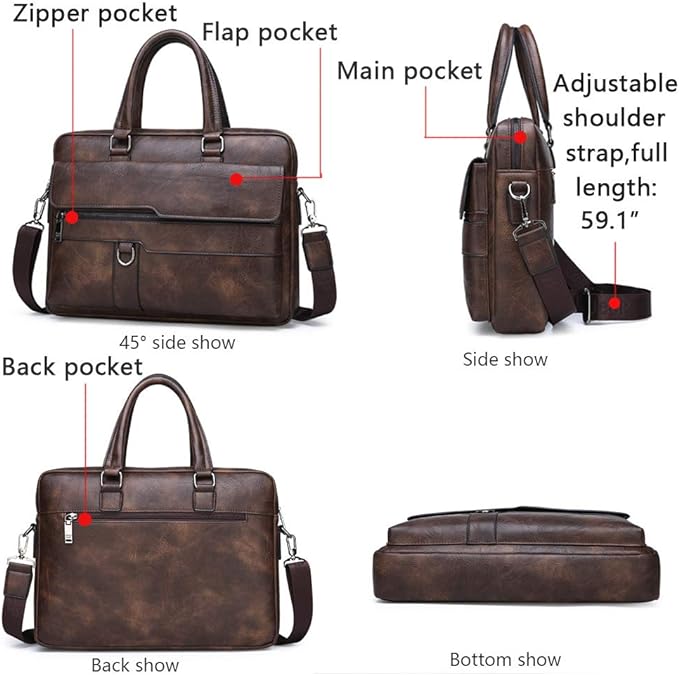 Men's Vintage PU Leather Office Laptop Bag ā 15.6" Briefcase with Shoulder Strap