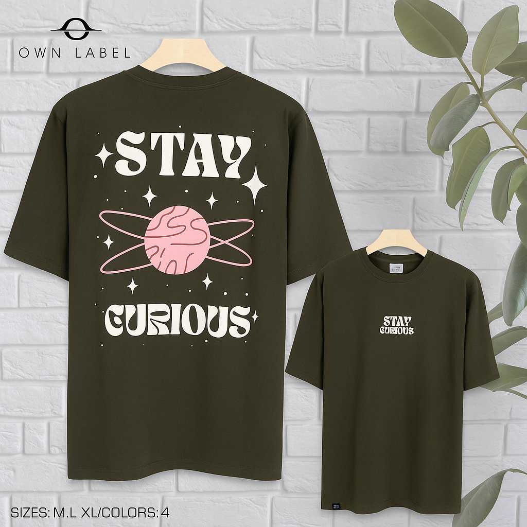 Graphic green T-Shirt With “Stay Curious” Space-Inspired Back Print