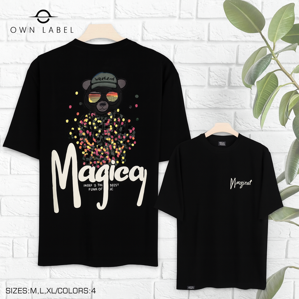 Graphic Bear Print Oversized T-Shirt With “Magical” Quote Design