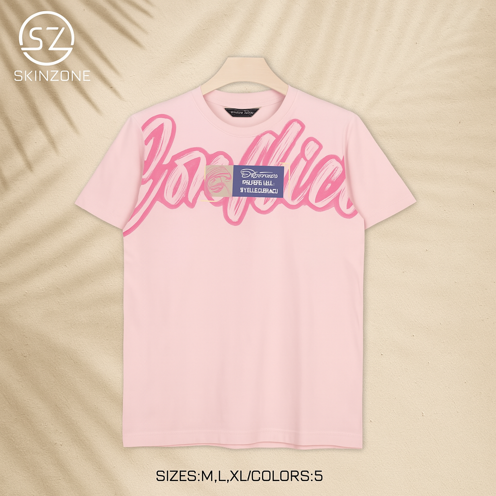 Pink Tee With Oversized Graffiti-Style Script And “Style Is Eternal” Quote Patch