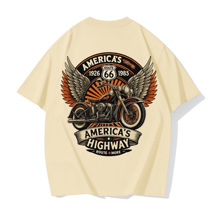 Route 66 Motorcycle Graphic T-Shirt In Beige Cotton With Winged Bike Print