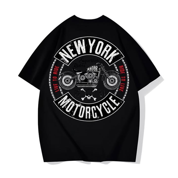 New York Motorcycle Graphic T-Shirt In Black Cotton With Retro Design
