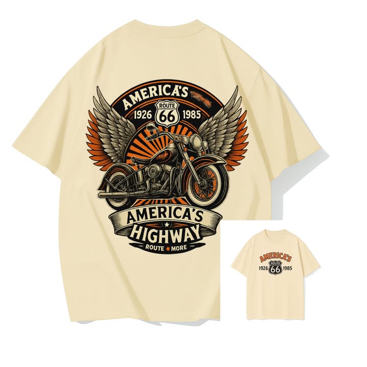 Route 66 Motorcycle Graphic T-Shirt In Beige Cotton With Winged Bike Print