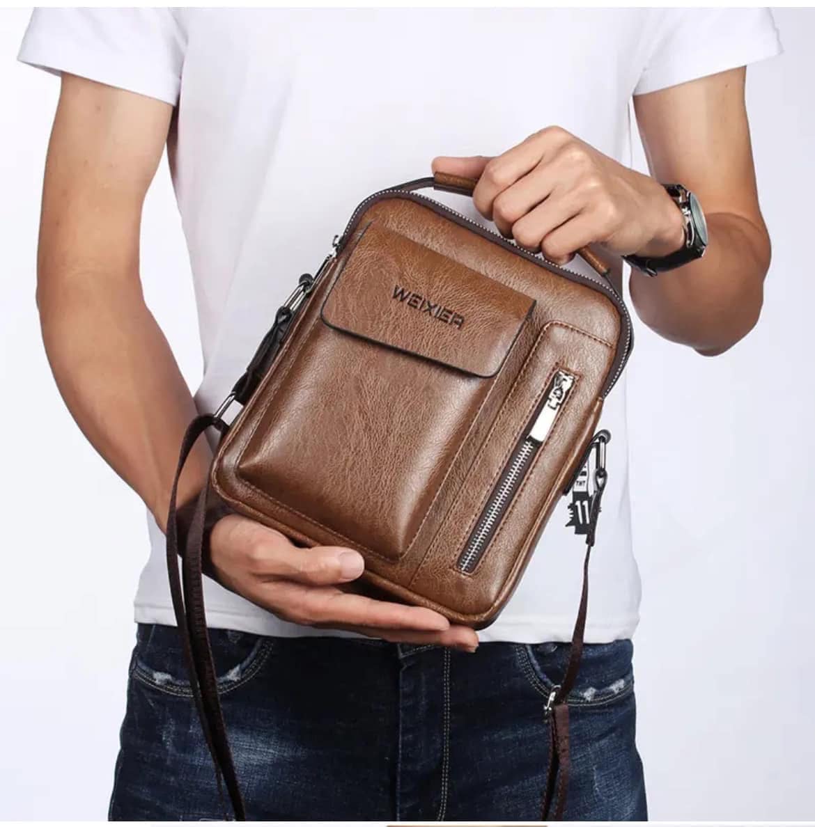 Men's PU Leather Crossbody Messenger Bag Travel Sling and Zipper Pockets