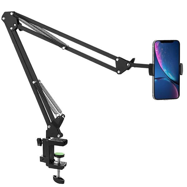 Adjustable Phone Holder Arm Stand – 360° Rotating Long Arm with Desk Clamp