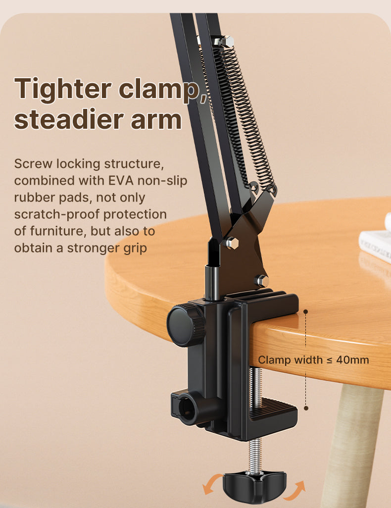 Adjustable Phone Holder Arm Stand – 360° Rotating Long Arm with Desk Clamp