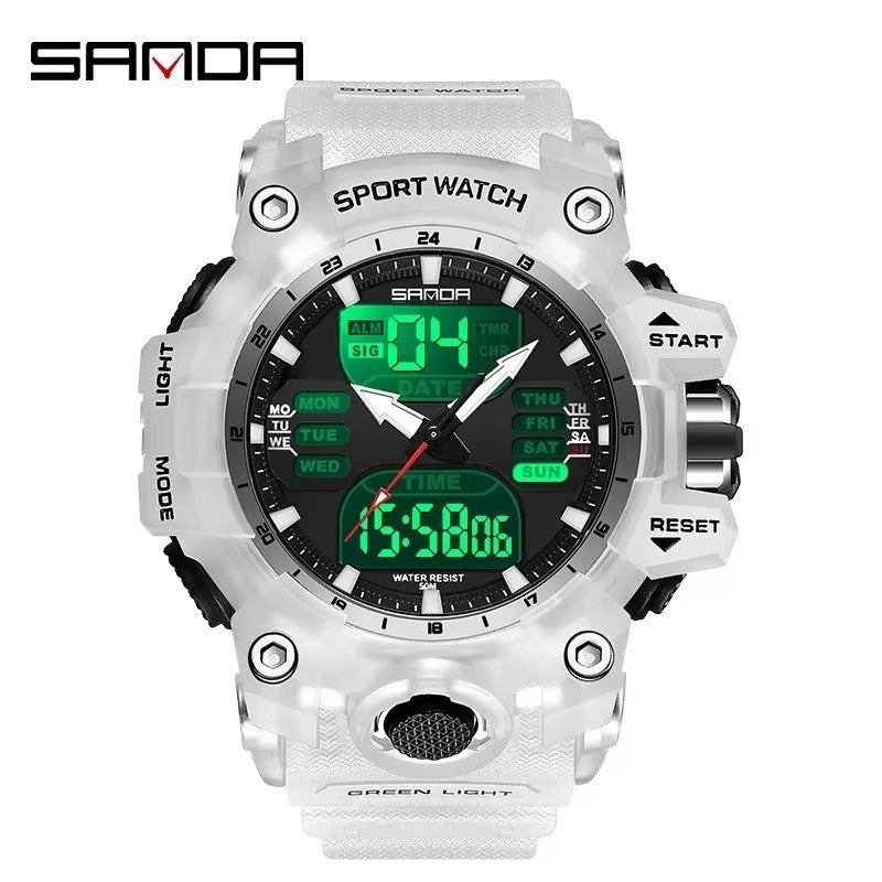Sanda Dual Display Sports Watch With Waterproof And Glow Features