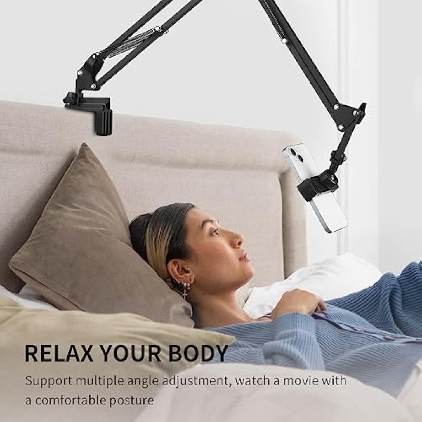 Adjustable Phone Holder Arm Stand – 360° Rotating Long Arm with Desk Clamp