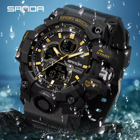 Sanda Dual Display Sports Watch With Waterproof And Glow Features