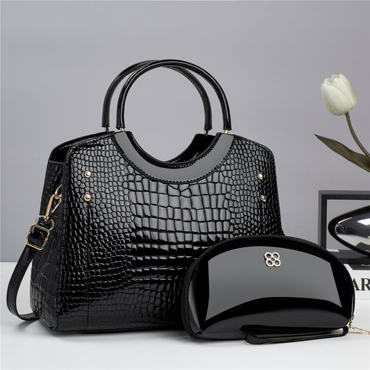Glossy Crocodile Pattern Handbag With Round Handle And Bonus Pouch