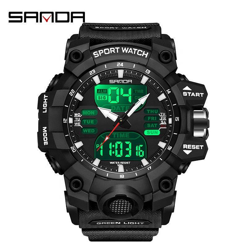 Sanda Dual Display Sports Watch With Waterproof And Glow Features