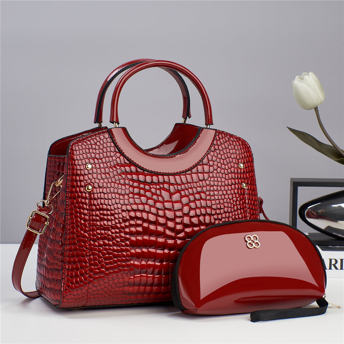 Glossy Crocodile Pattern Handbag With Round Handle And Bonus Pouch