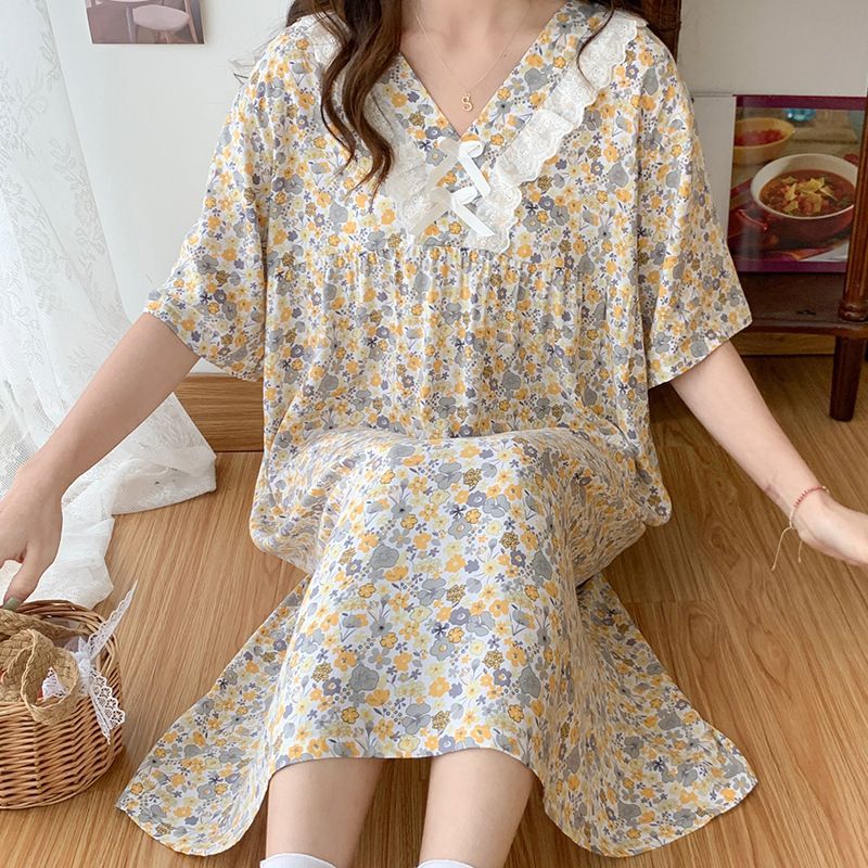 Floral Lace-Trim Cotton Nightdress