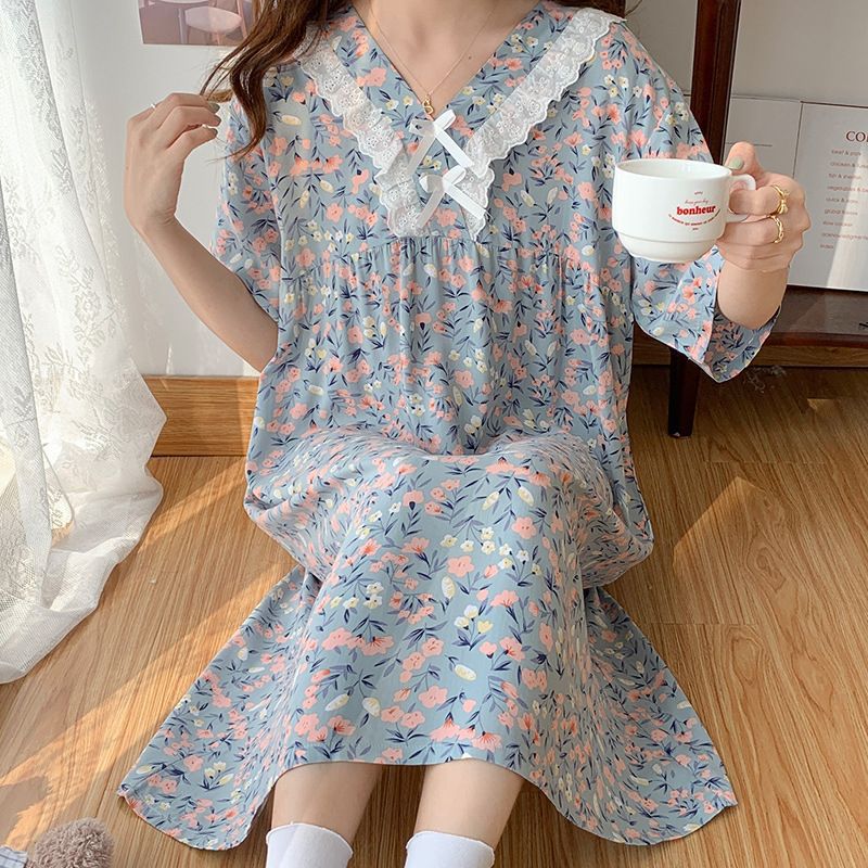 Floral Lace-Trim Cotton Nightdress