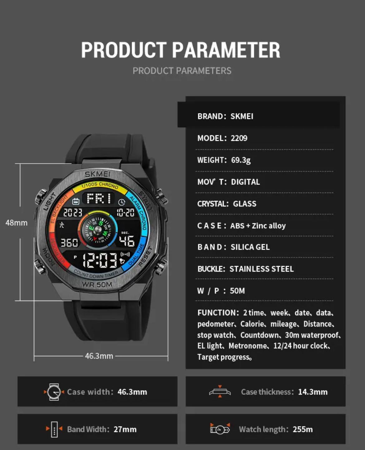 SKMEI 2209 Waterproof Digital Sports Watch ā Multicolor Dial with Pedometer