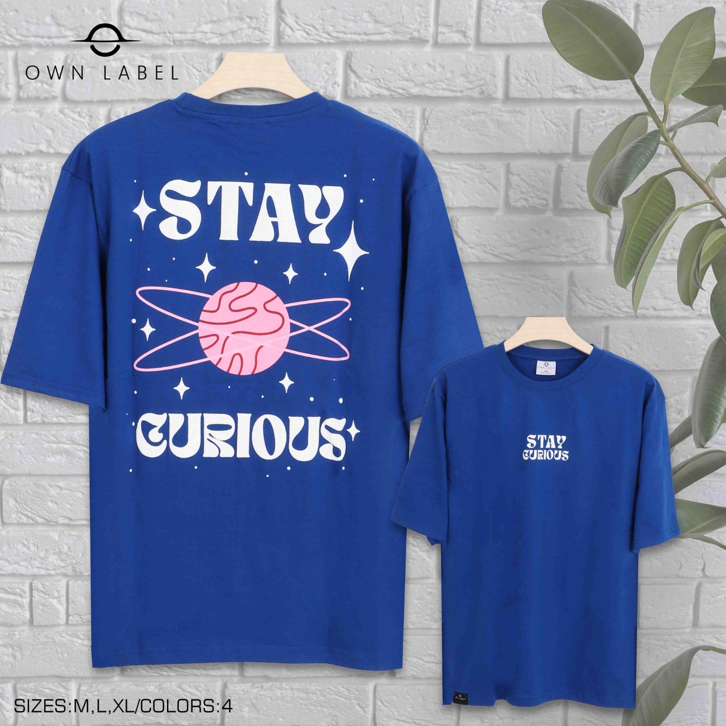 Graphic Blue T-Shirt With “Stay Curious” Space-Inspired Back Print