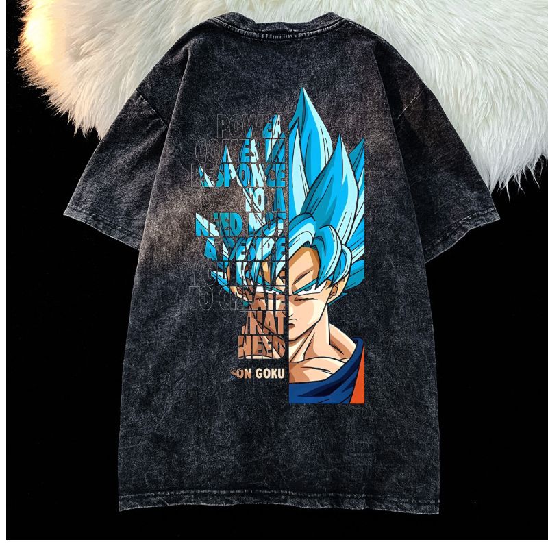 Washed Black Goku Tee With Bold Anime Print And Motivational Quote 260GSM
