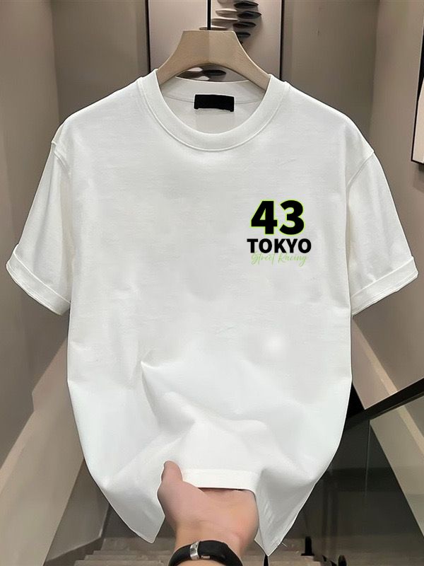 White Racing Cotton Tee With Blue Sports Car Graphic And Tokyo Street Racing Print 260GSM