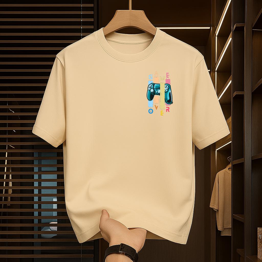 Beige Gamer Tee With "Game Over" Print And PlayStation-Inspired Design 260GSM