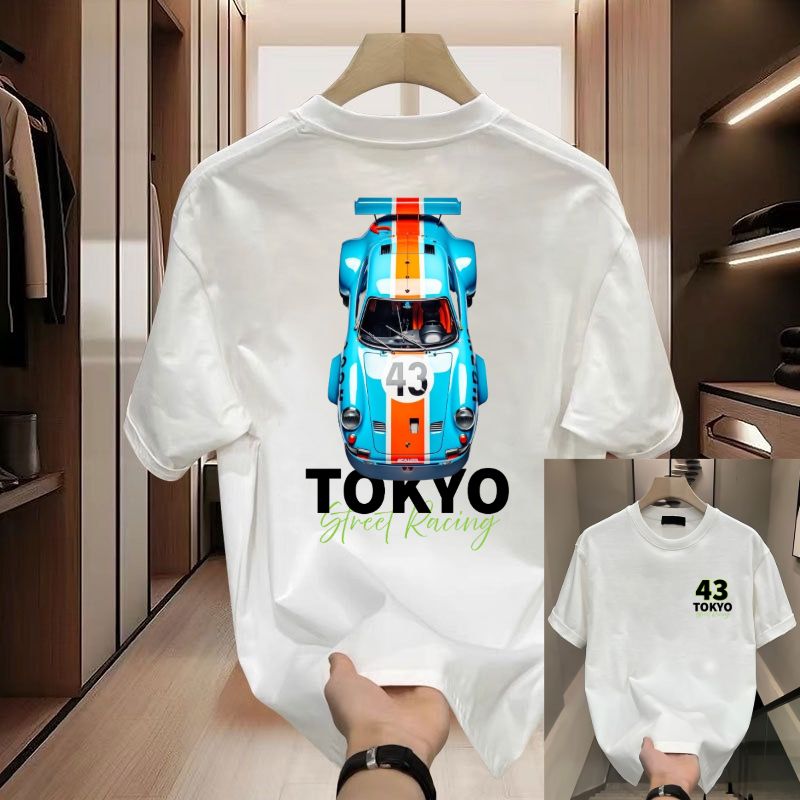 White Racing Cotton Tee With Blue Sports Car Graphic And Tokyo Street Racing Print 260GSM