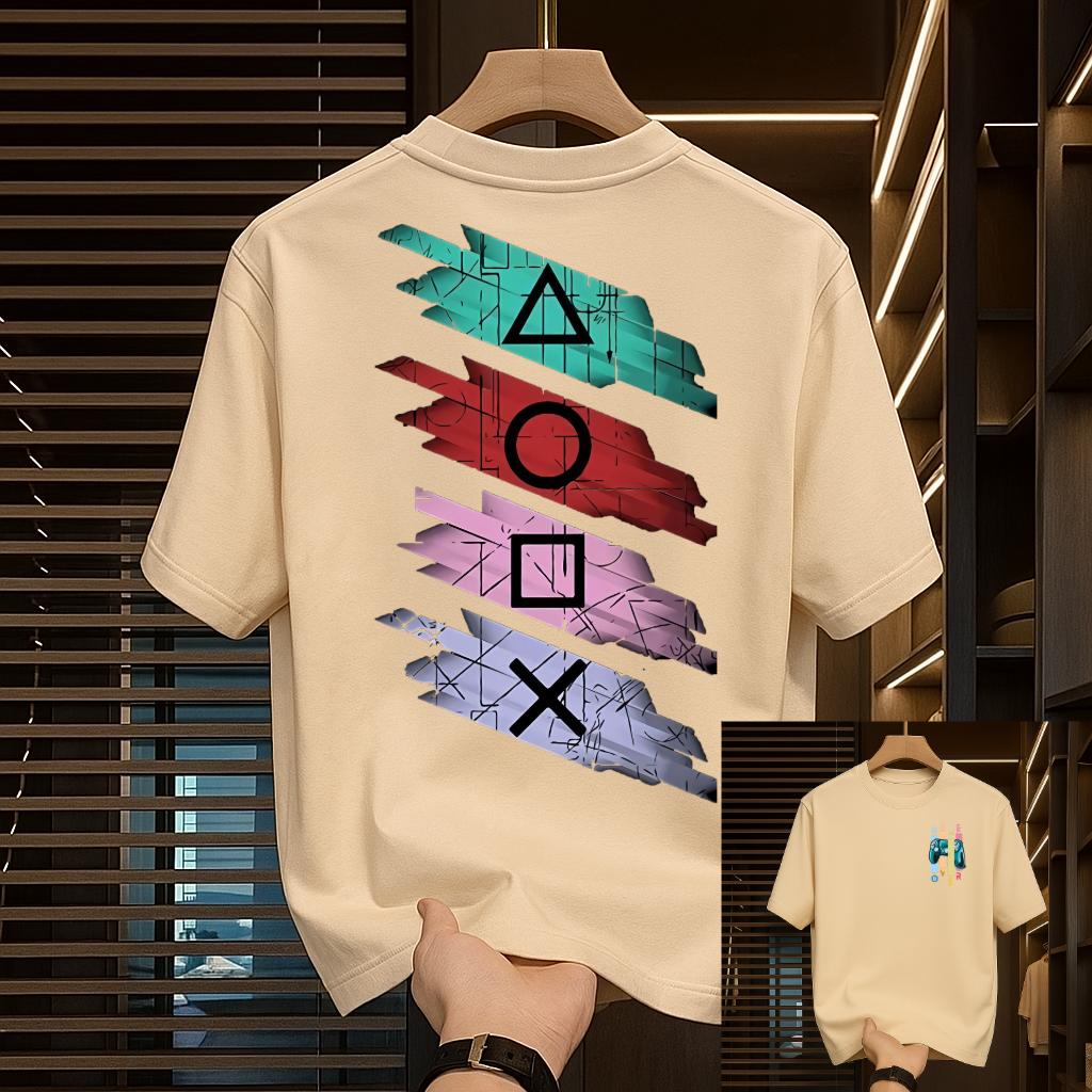 Beige Gamer Tee With "Game Over" Print And PlayStation-Inspired Design 260GSM
