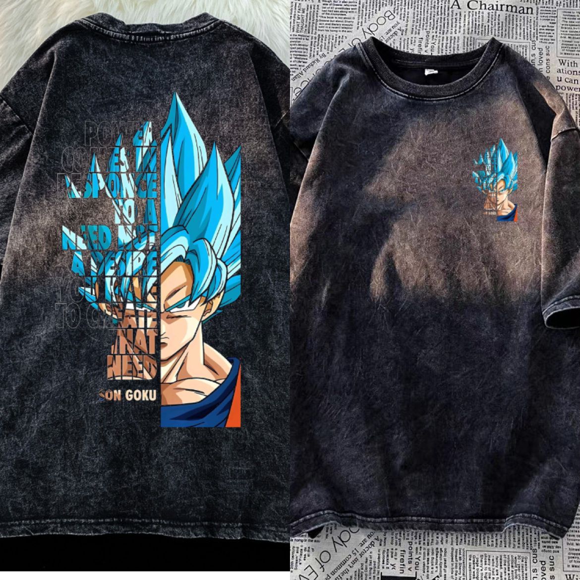 Washed Black Goku Tee With Bold Anime Print And Motivational Quote 260GSM