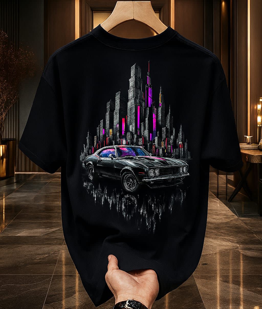 Black Oversized Tee With Vintage Muscle Car And Neon Cityscape Graphic 260GSM