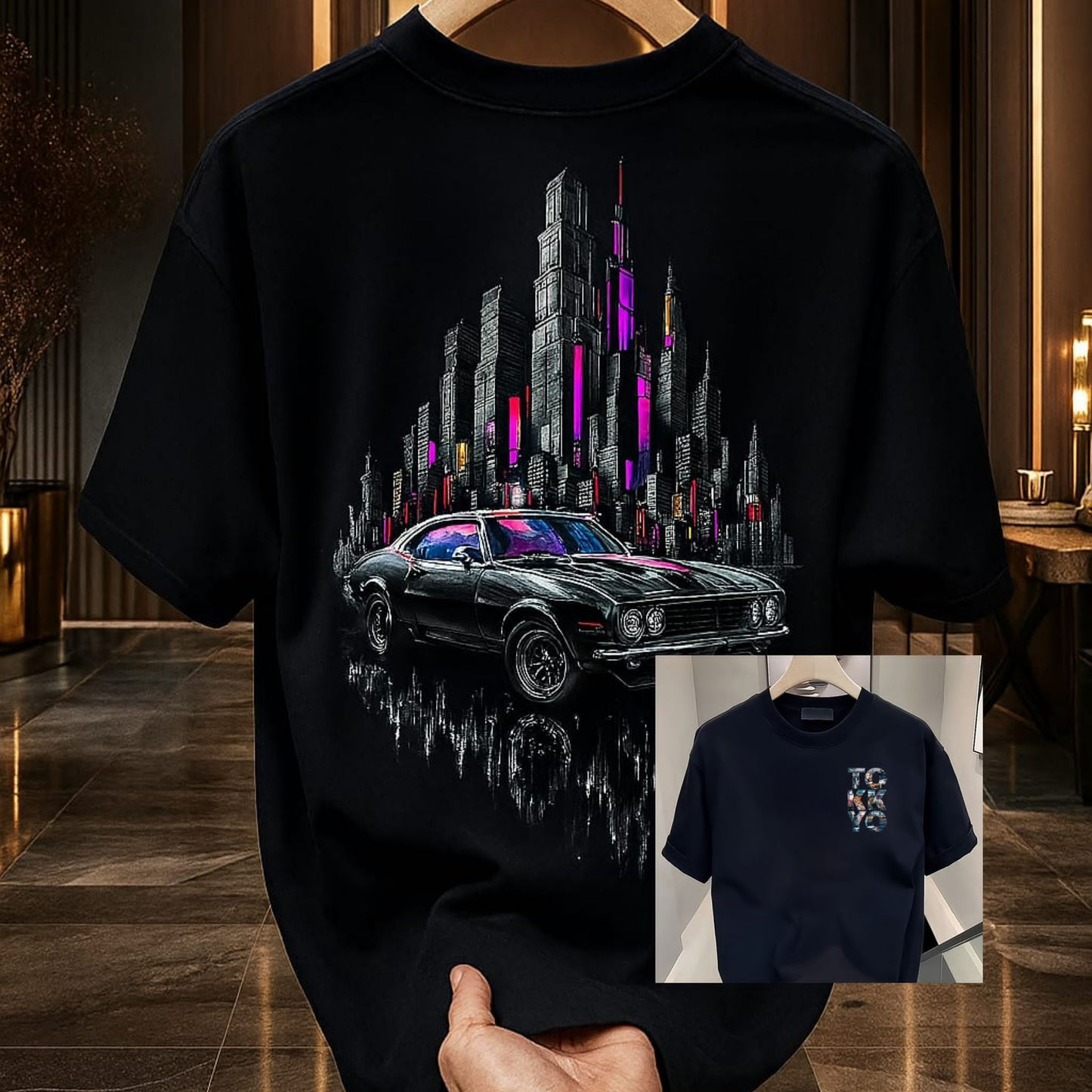 Black Oversized Tee With Vintage Muscle Car And Neon Cityscape Graphic 260GSM