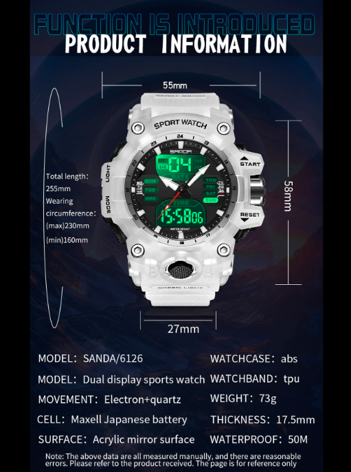 Sanda Dual Display Sports Watch With Waterproof And Glow Features
