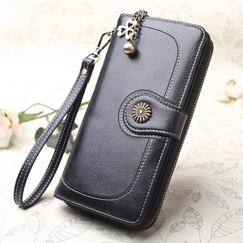 Vintage Style PU Leather Wallet Clutch – Zippered with Wrist Strap & Charm Details