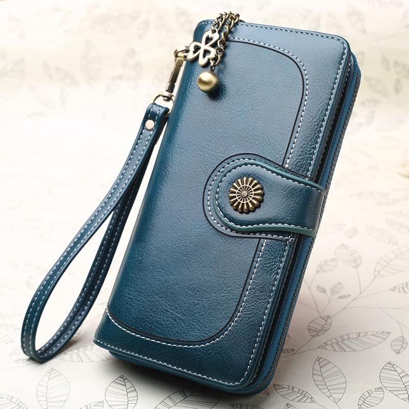 Vintage Style PU Leather Wallet Clutch – Zippered with Wrist Strap & Charm Details