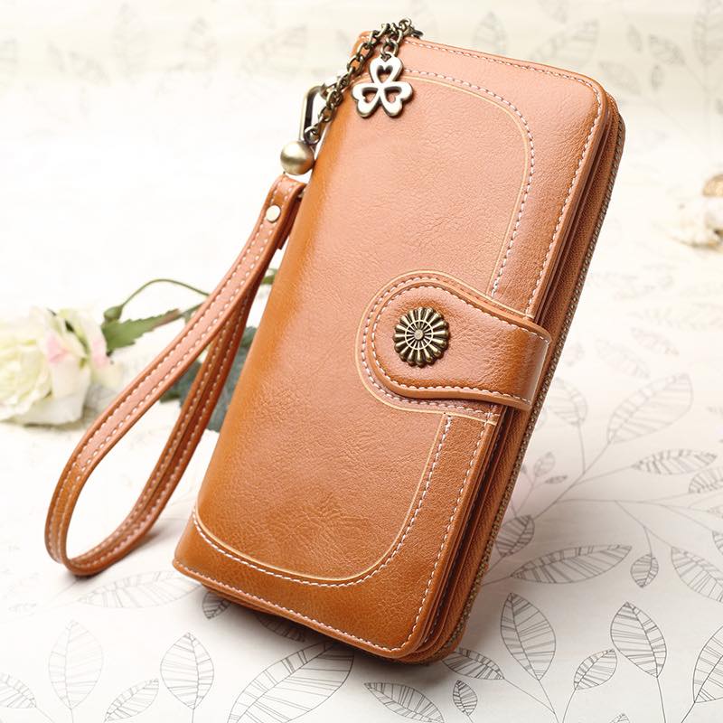 Vintage Style PU Leather Wallet Clutch – Zippered with Wrist Strap & Charm Details
