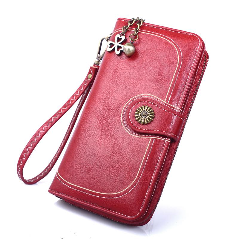 Vintage Style PU Leather Wallet Clutch – Zippered with Wrist Strap & Charm Details