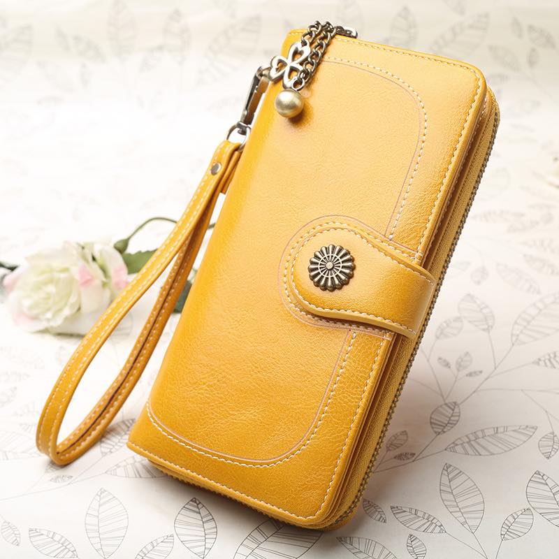 Vintage Style PU Leather Wallet Clutch – Zippered with Wrist Strap & Charm Details