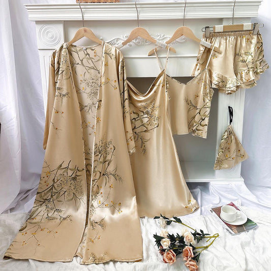 5-Piece Satin Floral Nightwear Set – Robe, Cami, Shorts, Slip & Pouch