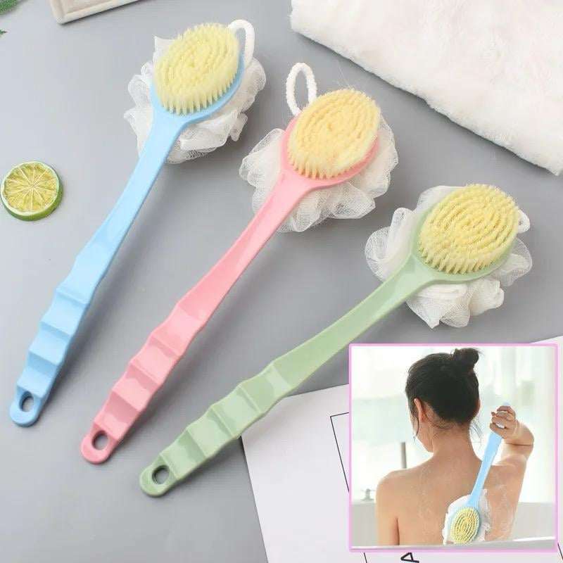 Dual-Sided Long Handle Bath Brush with Loofah & Bristles – Non-Slip Grip