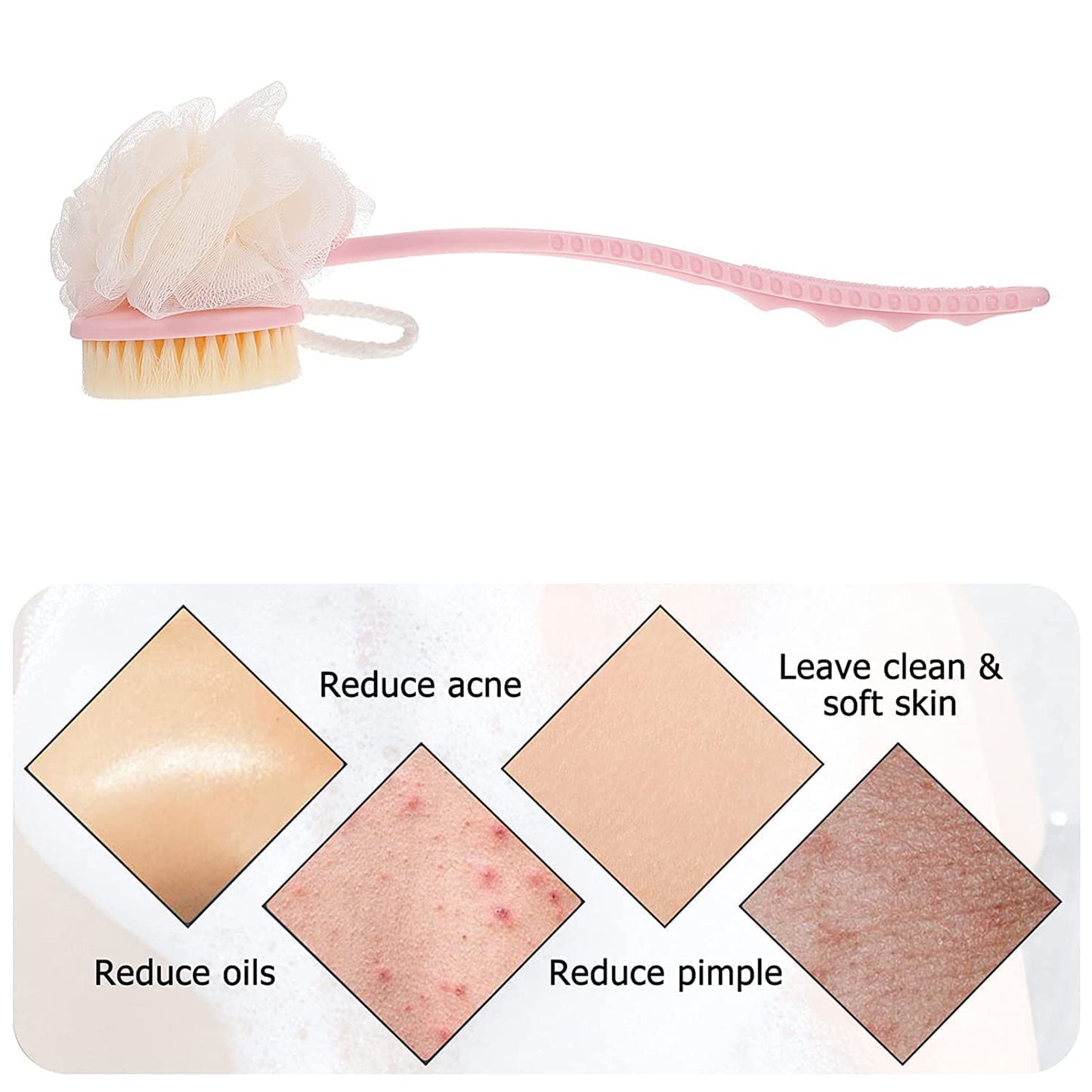 Dual-Sided Long Handle Bath Brush with Loofah & Bristles – Non-Slip Grip