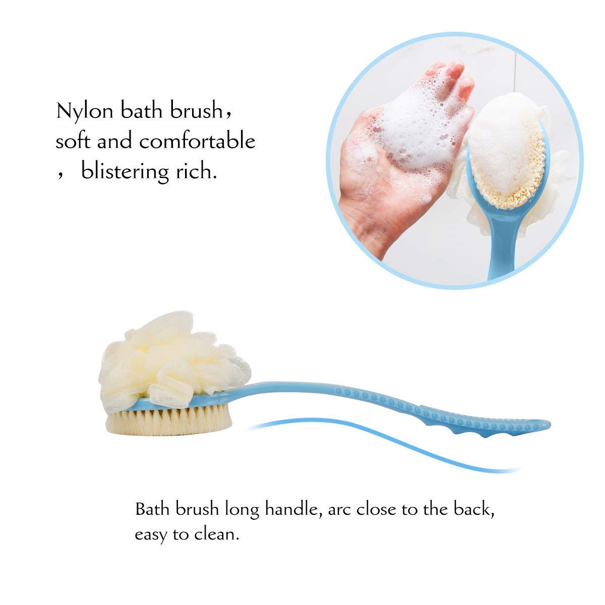 Dual-Sided Long Handle Bath Brush with Loofah & Bristles – Non-Slip Grip