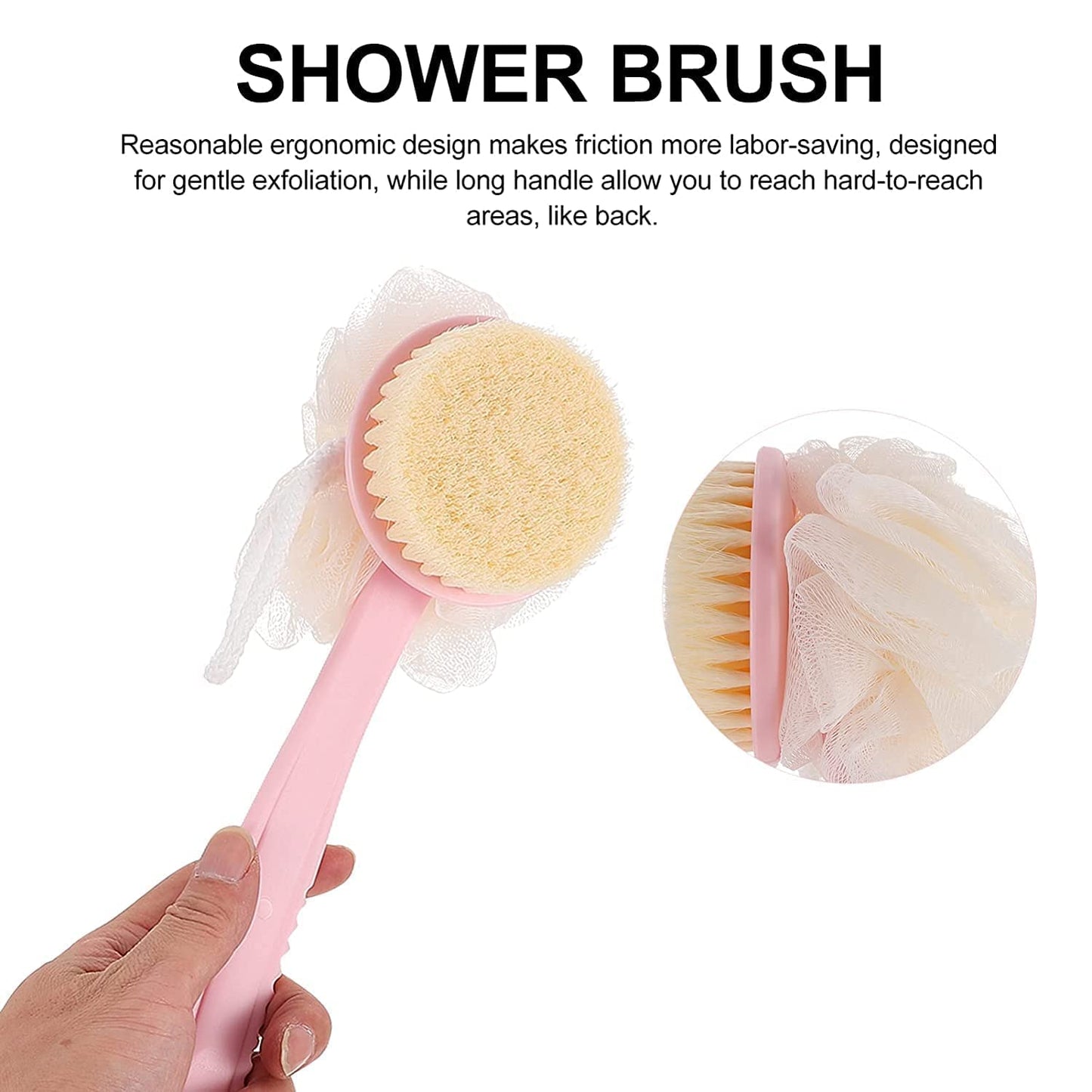 Dual-Sided Long Handle Bath Brush with Loofah & Bristles – Non-Slip Grip