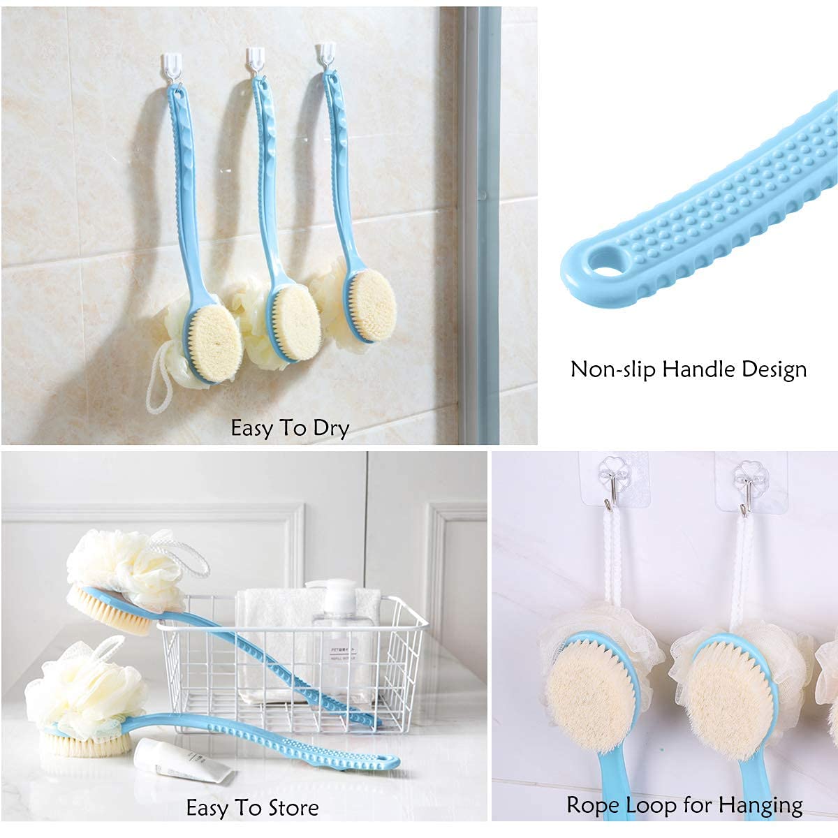 Dual-Sided Long Handle Bath Brush with Loofah & Bristles – Non-Slip Grip