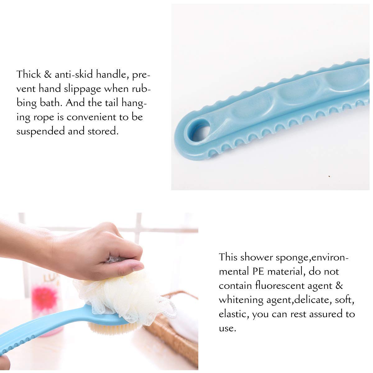 Dual-Sided Long Handle Bath Brush with Loofah & Bristles – Non-Slip Grip