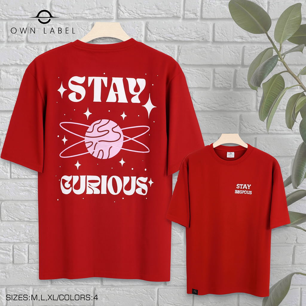 Graphic Red T-Shirt With “Stay Curious” Space-Inspired Back Print