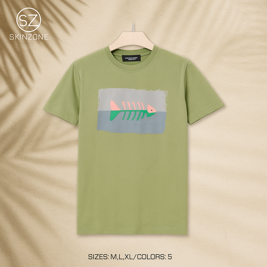 Green Tee With Abstract Fishbone Graphic For A Minimal Artistic Look