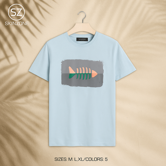Light Blue Tee With Abstract Fishbone Graphic For A Minimal Artistic Look
