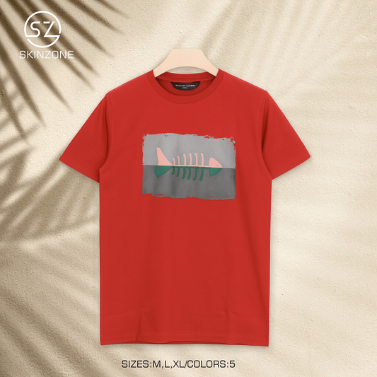 Red Tee With Abstract Fishbone Graphic For A Minimal Artistic Look