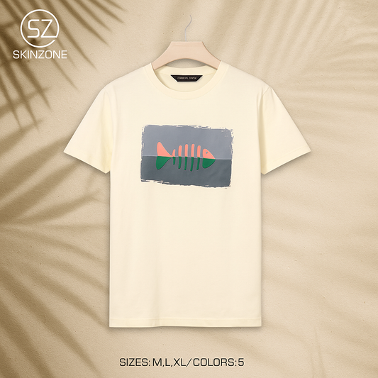 Biege Tee With Abstract Fishbone Graphic For A Minimal Artistic Look