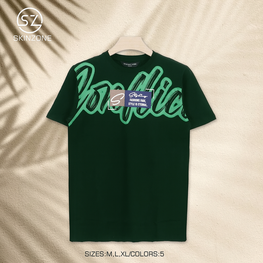 Dark Green Tee With Oversized Graffiti-Style Script And “Style Is Eternal” Quote Patch