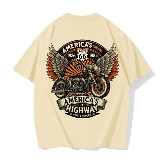 Route 66 Motorcycle Graphic T-Shirt In Beige Cotton With Winged Bike Print
