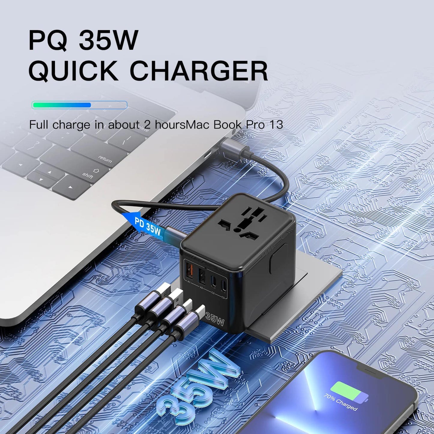 35W Universal Travel Adapter With USB C And Quick Charge Ports