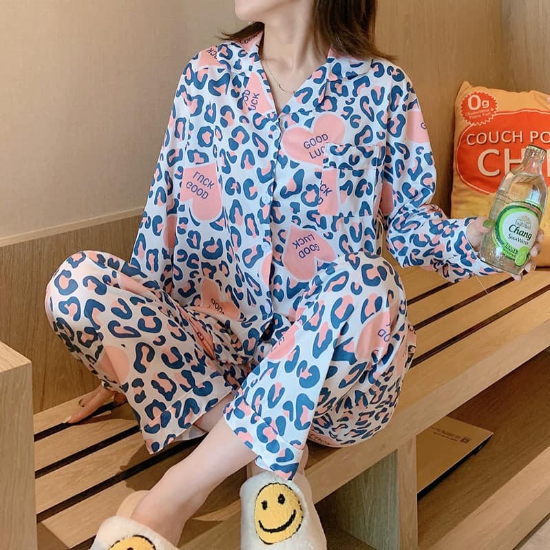 Leopard Print “Good Luck” Pajama Set – Soft Satin Sleepwear for Women